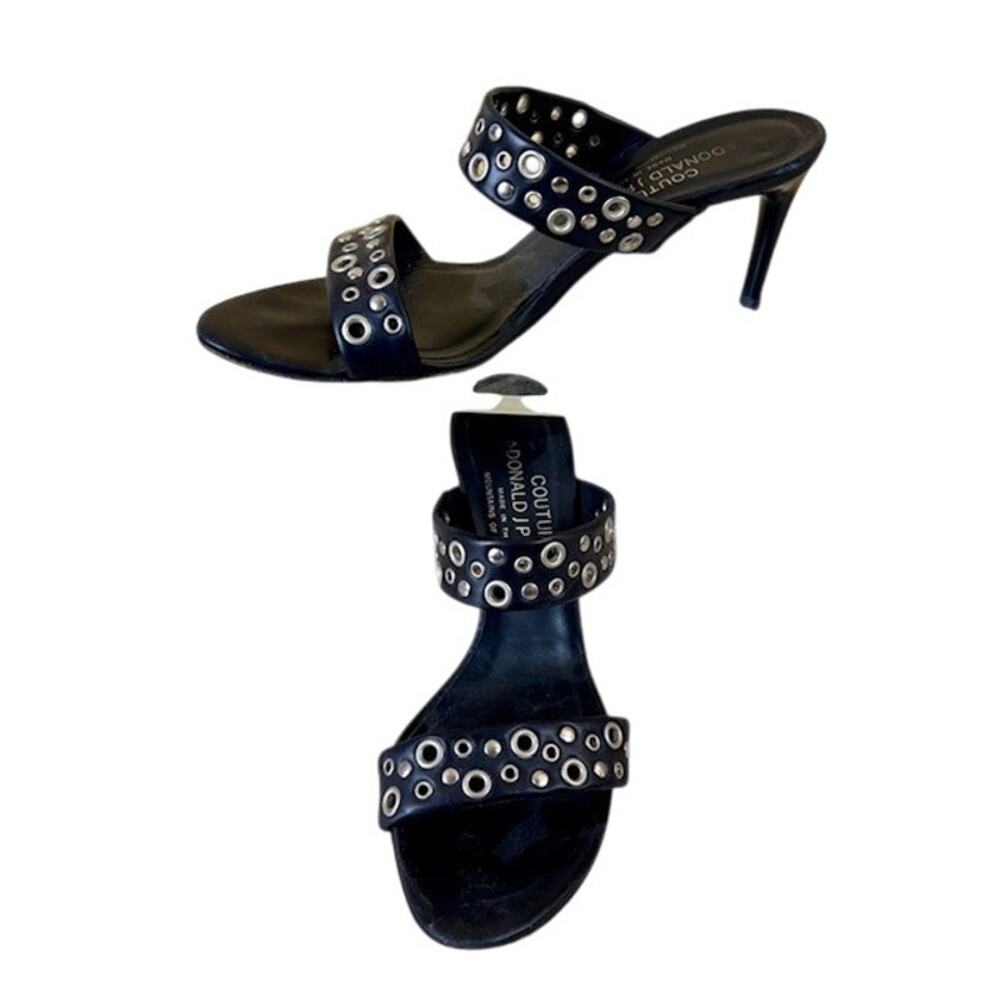 Donald Pliner Black Leather Grommets Strappy Sandal Slide Shoe $235 Sz 7 7.5